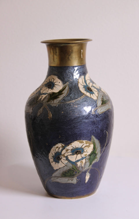 Vintage Indian Brass & Enamel Cobalt Blue Floral Vase
