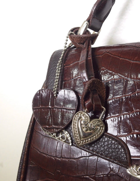 Pre Owned Brighton Satchel #D276571 | Brown Croc-Embossed Leather | Silver Heart Hardware | Braided Handle