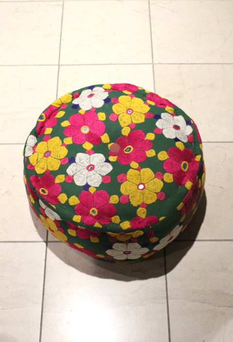 Vintage Hand Embroidered Floral Pouf Ottoman | Bohemian Floor Cushion | Textile Accent Seating