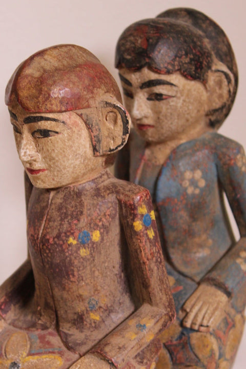 Pair Seated Antique Javanese Folk Art Floral Carved Figures