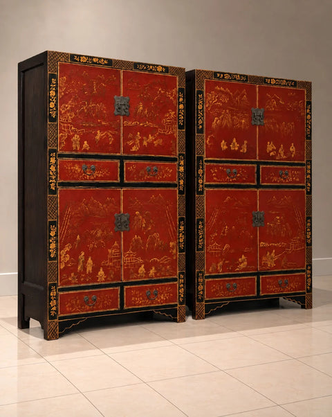 Pair of Red Antique Chinese Lacquer Chinoiserie Cabinets with Gilt Decoration