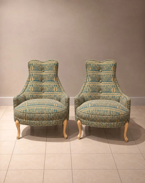 Vintage 1970s Batik Upholstered Armchairs – Pair