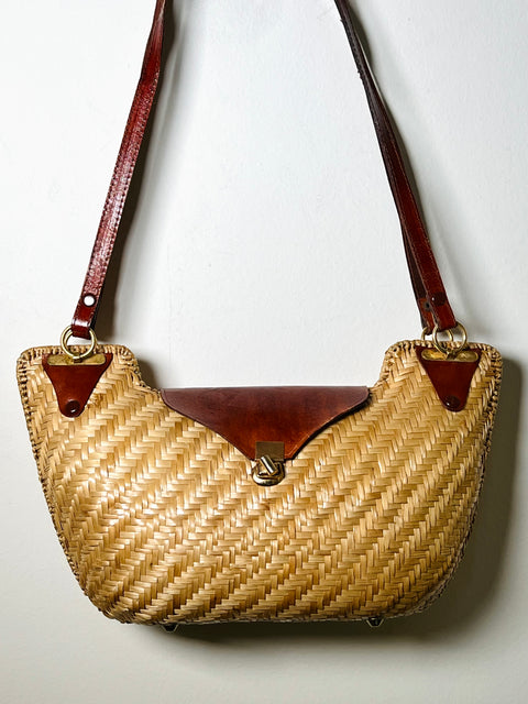 Woven Straw Crescent Shoulder Bag with Brown Trim