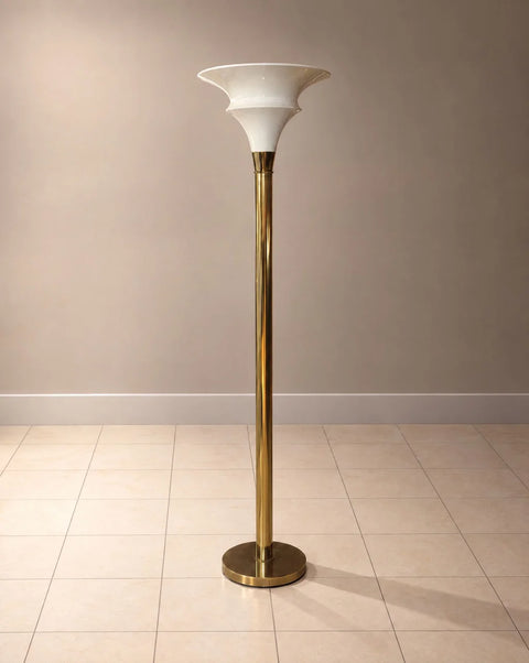 Pair of Brass-Tone Art Deco Torchiere Floor Lamps with White Shades