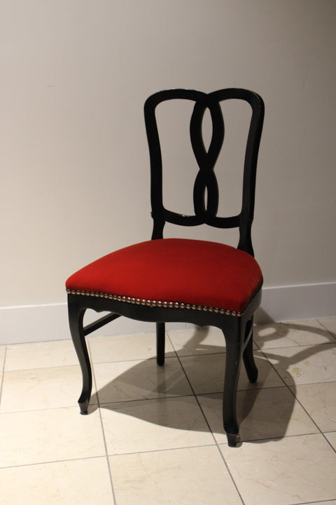Vintage Black Ribbon Back Dining Chairs with Red Upholstery (Pair)