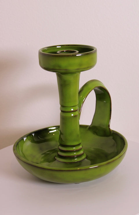 Mid Century Olive Green Pottery Chamberstick Candle Holder