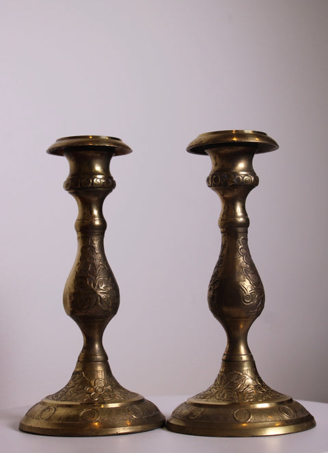 Pair of Engraved Brass Candlesticks