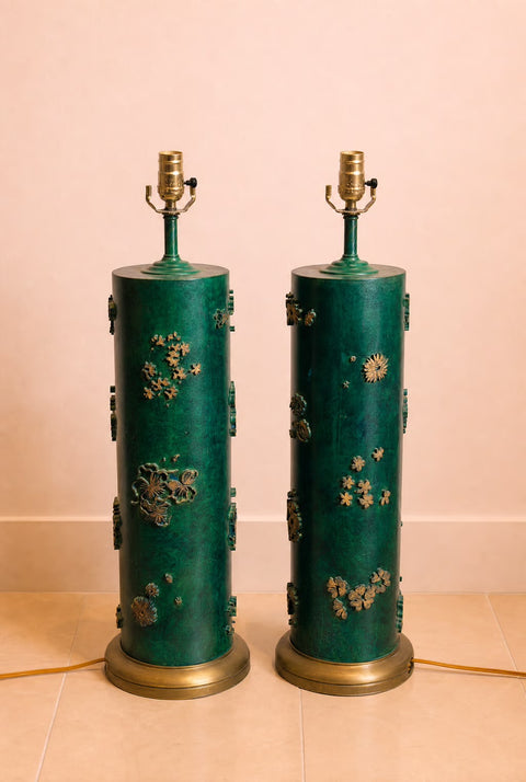 Pair of Green Antique Wallpaper Roller Lamps