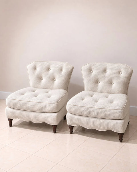 Ivory Button-Tufted Slipper Chairs with Scalloped Bases – Pair