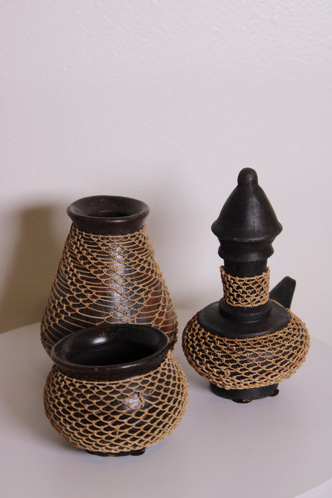 Pair Woven Wrapped Wood Vessels