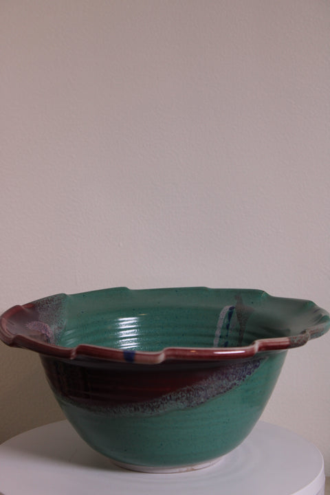 Turquoise Scalloped Studio Pottery Centerpiece Bowl