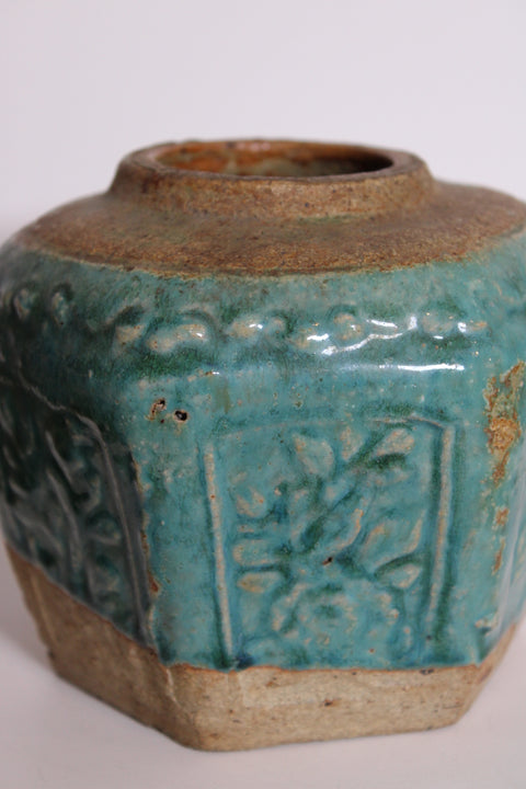 Vintage Chinese Aquamarine A Ginger Jar | Hexagonal Earthenware Vessel