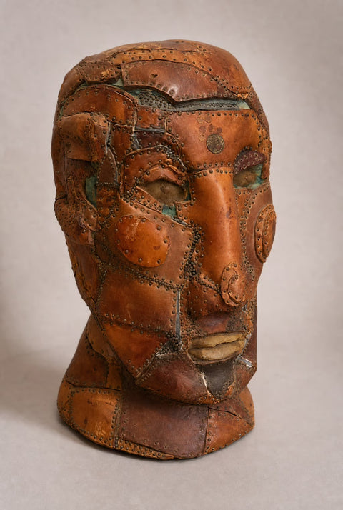 Vintage Patchwork Leather Bust Sculpture | Handcrafted Decorative Head