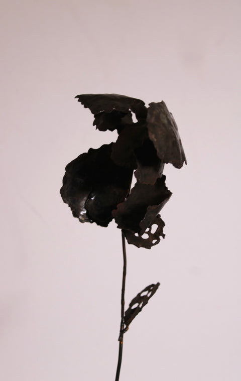 Vintage Hand-Forged Metal Rose Sculpture on Stand