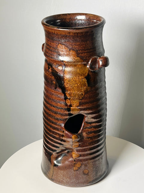 Signed Brown Glazed Clay Vase