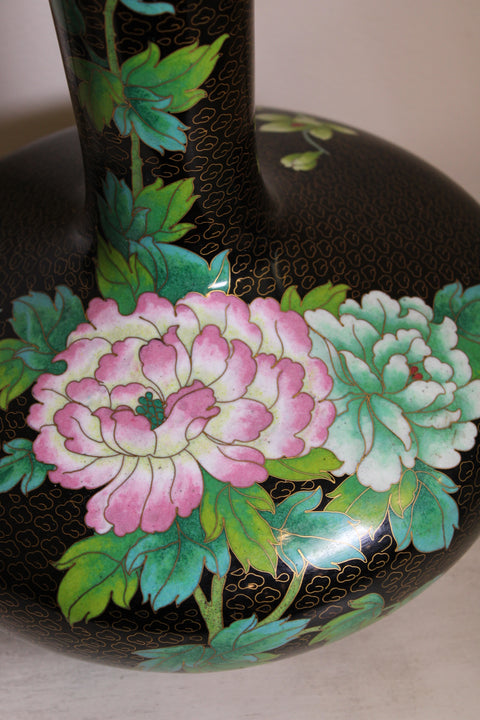 Vintage Black Cloisonne Style Floral Bottle Vase with Peonies