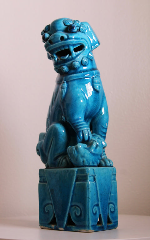 Turquoise Guardian Lion Pedestal Statue