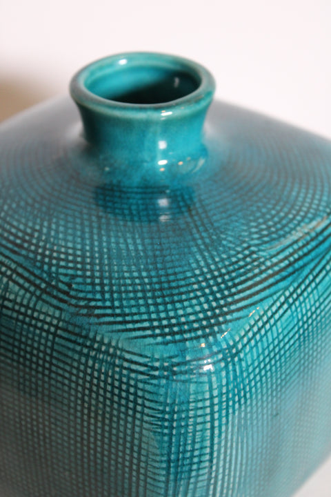 Pair of Turquoise Crosshatch Studio Pottery Bottles