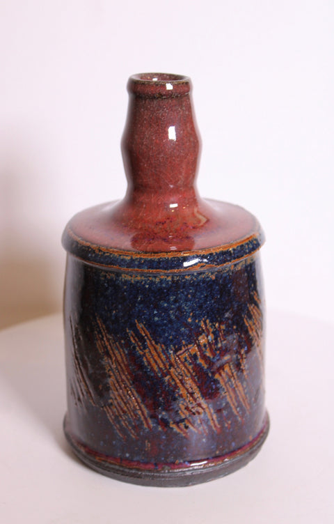 Blue and Red Signed Studio Pottery Bottle
