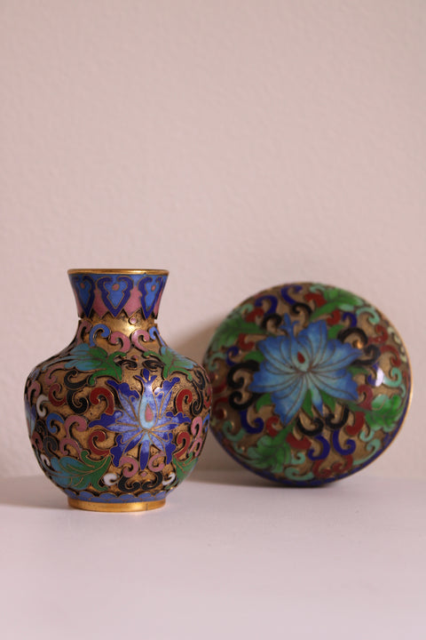 Vintage Chinese Cloisonné Vanity Set – Trinket Box & Bud Vase