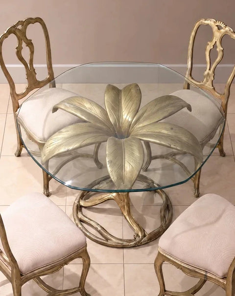 Vintage Drexel Gilt Lily Glass-Top Dining Table and Four Chairs