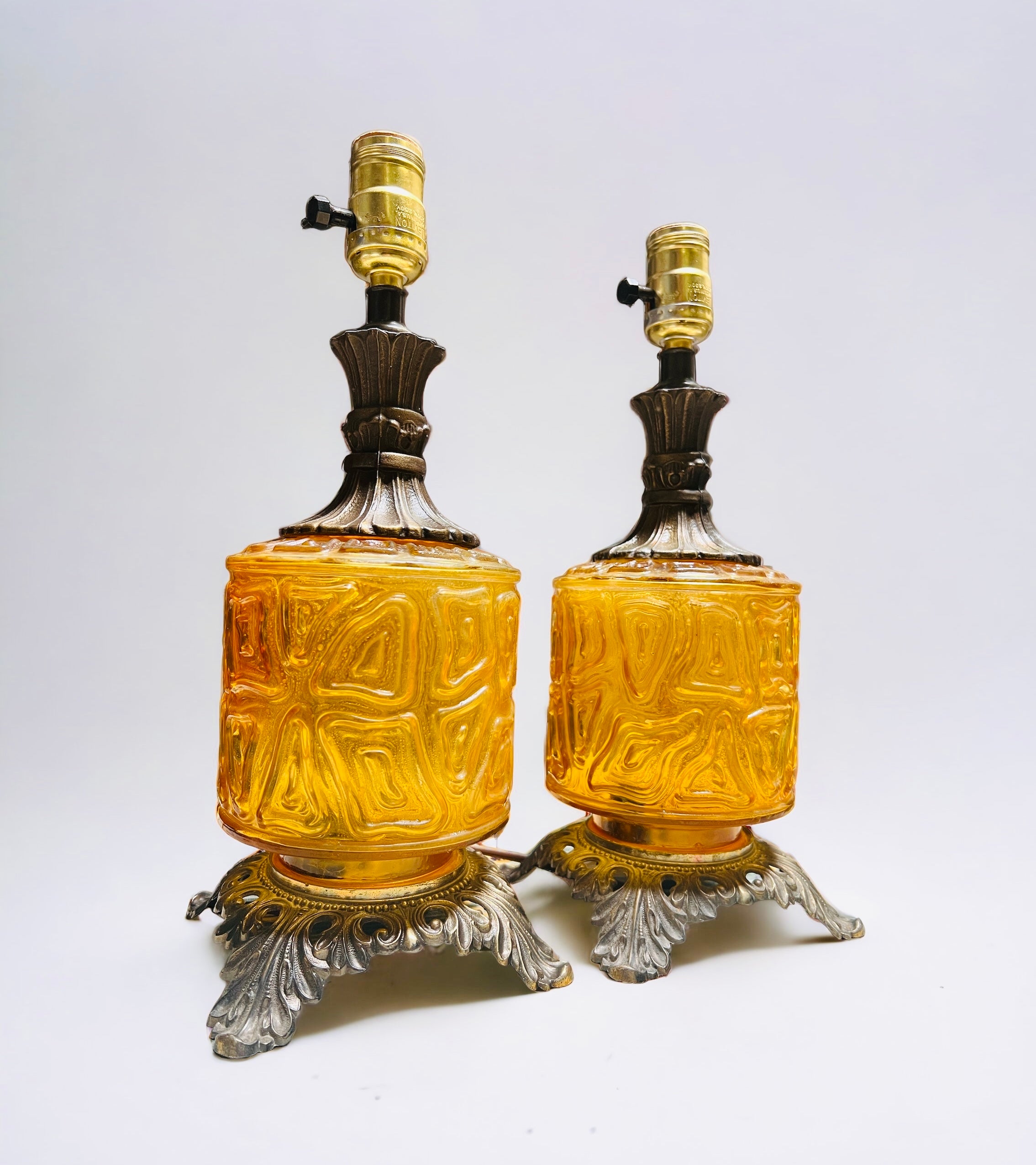 Vintage 1970 Amber Glass Nightlight Table Lamps (Pair)