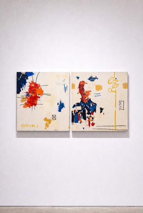 Vintage Abstract Diptych Painting – Primary Color Mixed Media Canvas Wall Art