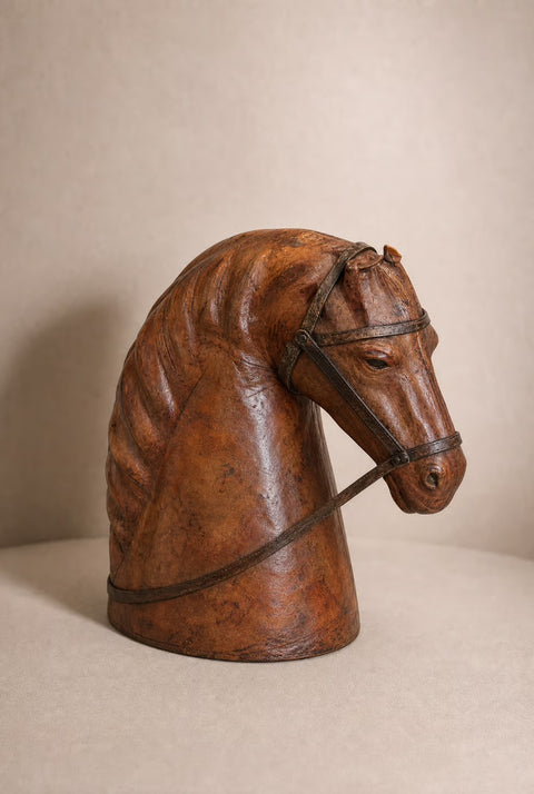 Vintage Brown Leather Horse Head Bust | Equestrian Decor Sculpture