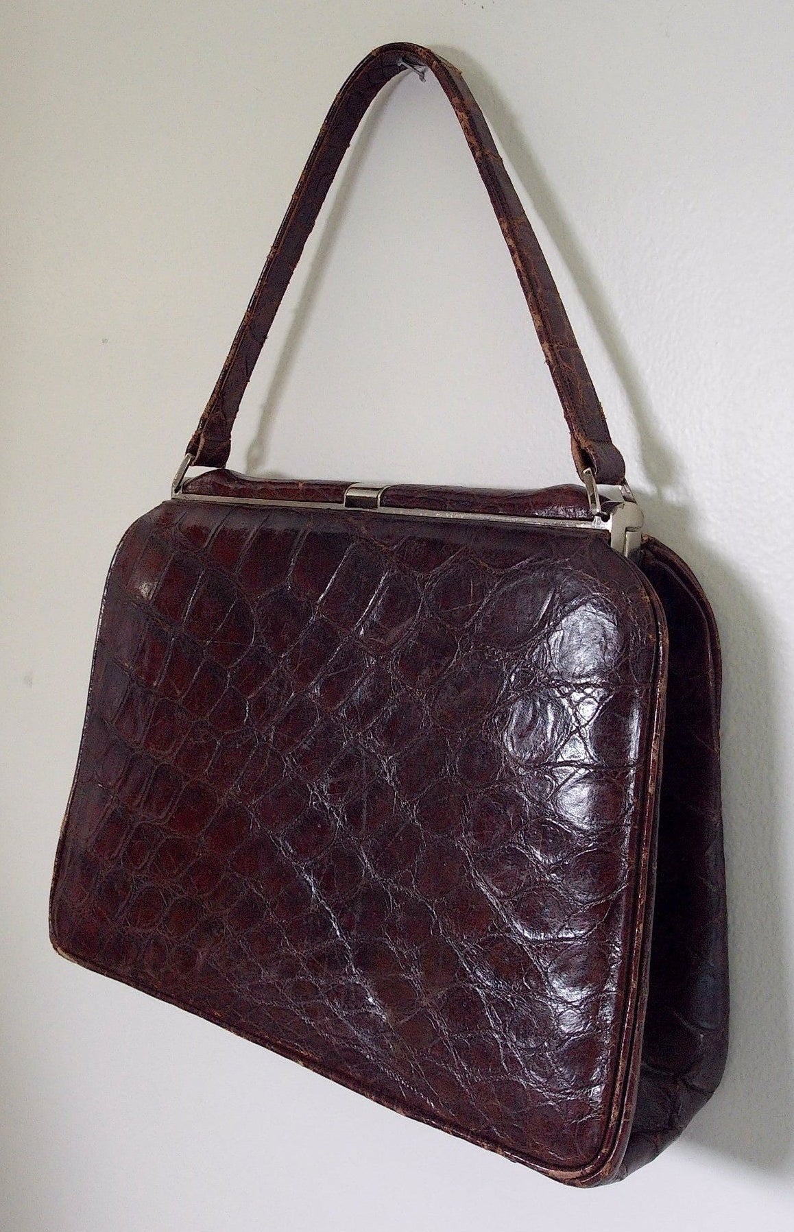 Pre Owned Dark Brown Crocodile-Embossed Leather Frame Handbag | Silver Kiss-Lock Clasp | 1960s–70s Top Handle Bag (Vintage)