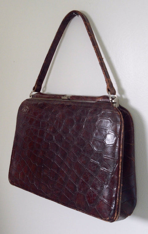 Pre Owned Dark Brown Crocodile-Embossed Leather Frame Handbag | Silver Kiss-Lock Clasp | 1960s–70s Top Handle Bag (Vintage)
