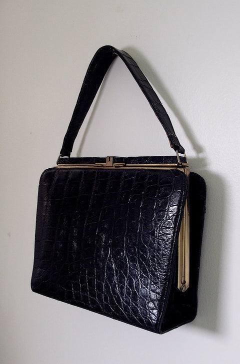 1950s–1960s Black Croc-Embossed Leather Frame Bag | Gold Frame Clasp | Top Handle (Vintage)