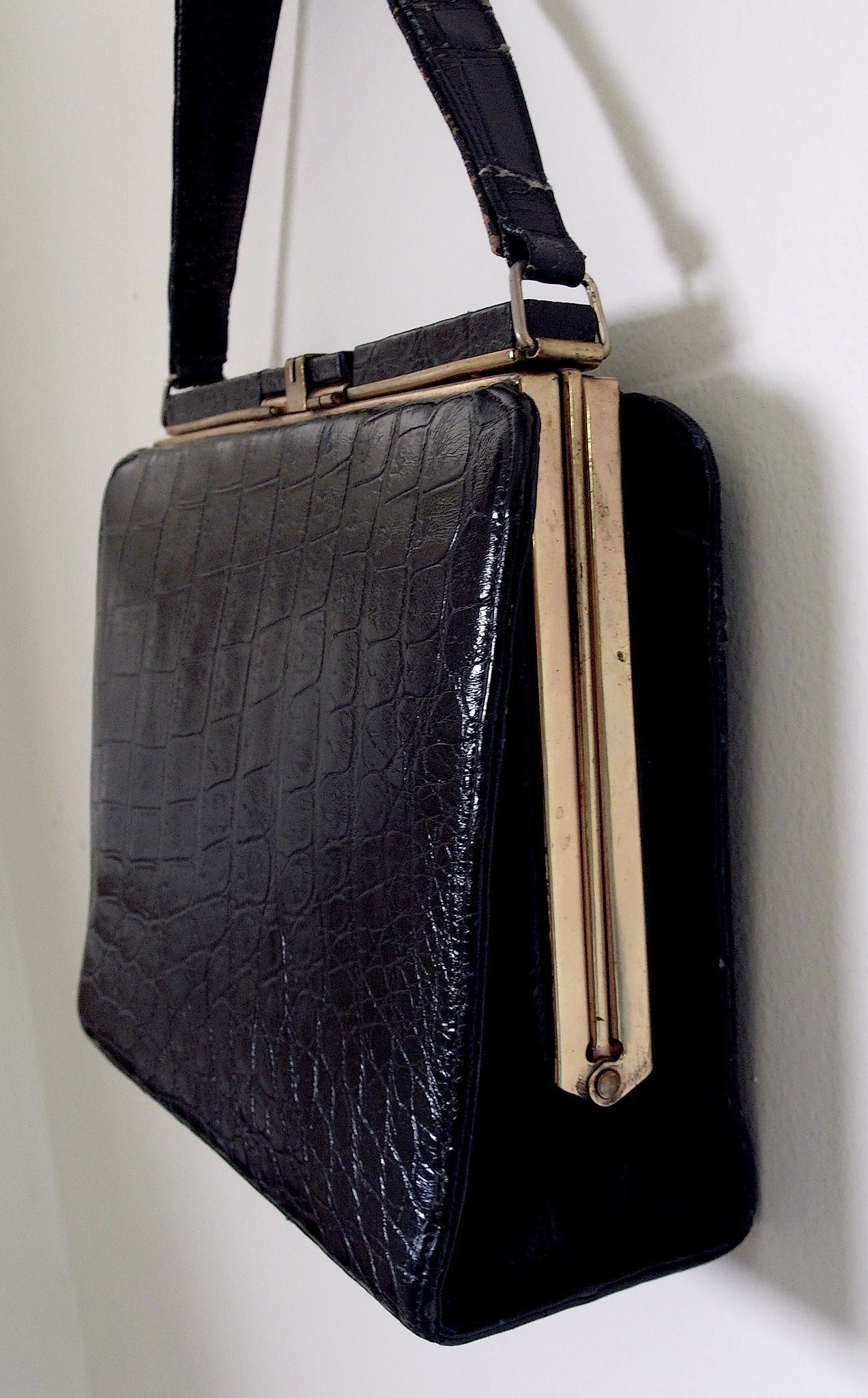 1950s–1960s Black Croc-Embossed Leather Frame Bag | Gold Frame Clasp | Top Handle (Vintage)