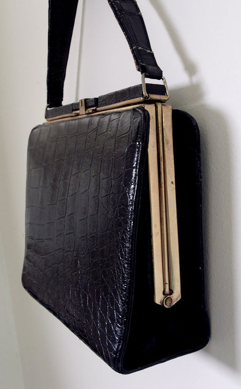 1950s–1960s Black Croc-Embossed Leather Frame Bag | Gold Frame Clasp | Top Handle (Vintage)