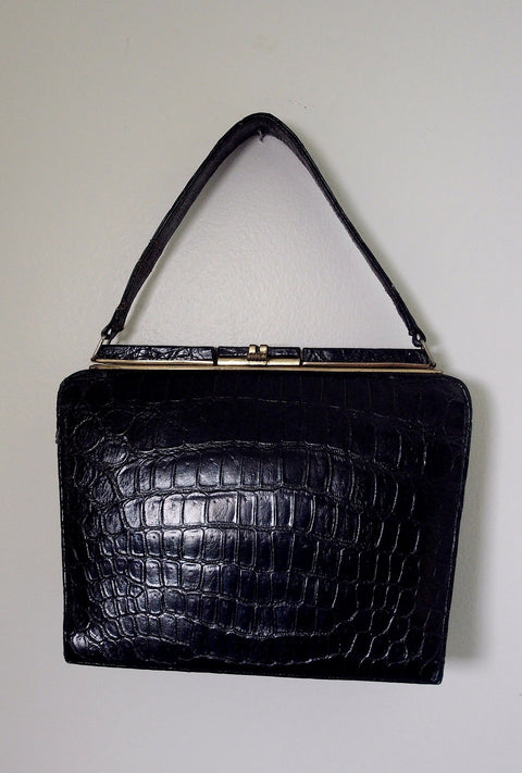 1950s–1960s Black Croc-Embossed Leather Frame Bag | Gold Frame Clasp | Top Handle (Vintage)