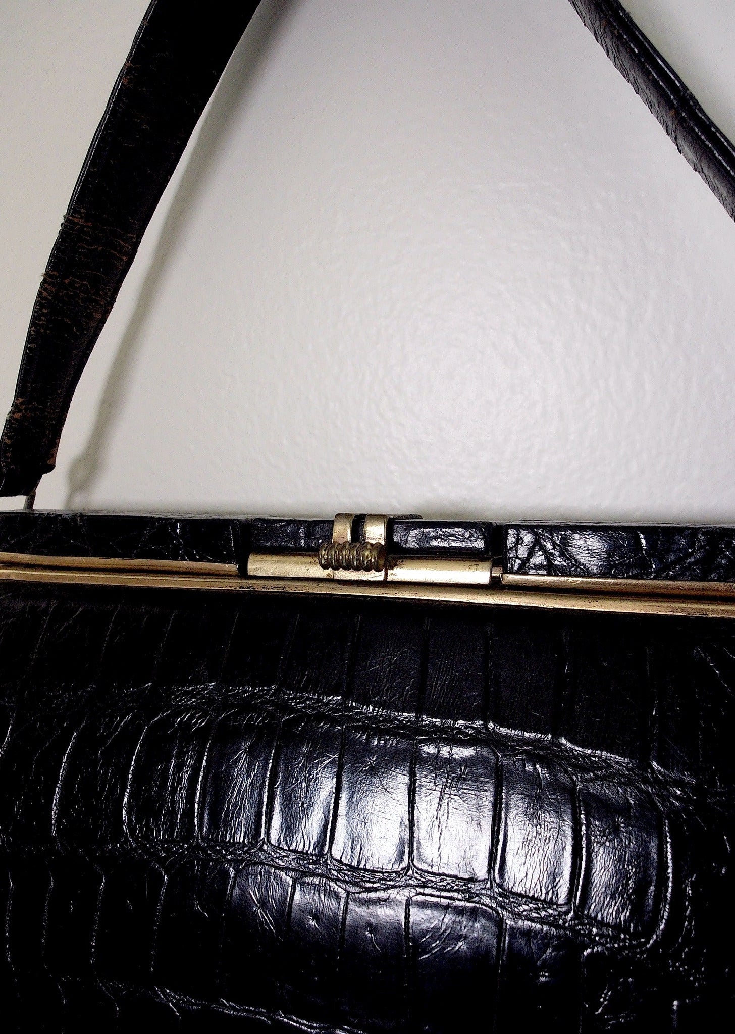 1950s–1960s Black Croc-Embossed Leather Frame Bag | Gold Frame Clasp | Top Handle (Vintage)