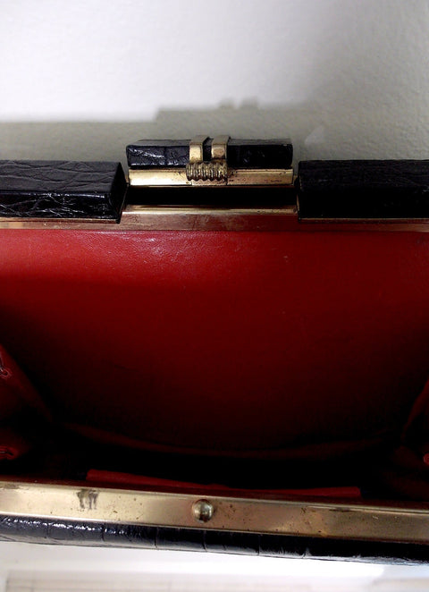 1950s–1960s Black Croc-Embossed Leather Frame Bag | Gold Frame Clasp | Top Handle (Vintage)