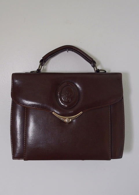 Pre Owned Polo Ralph Lauren Brown Leather Top Handle Bag | Polo Player Embossed Medallion | Gold Arc Clasp