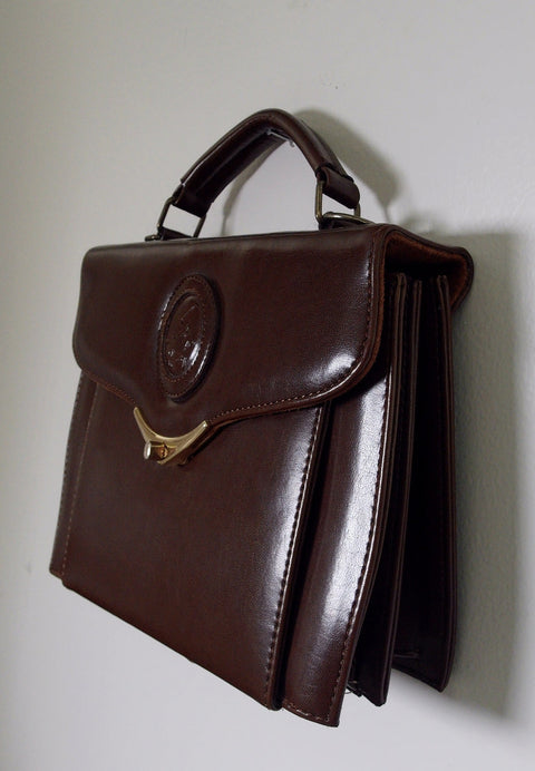 Pre Owned Polo Ralph Lauren Brown Leather Top Handle Bag | Polo Player Embossed Medallion | Gold Arc Clasp