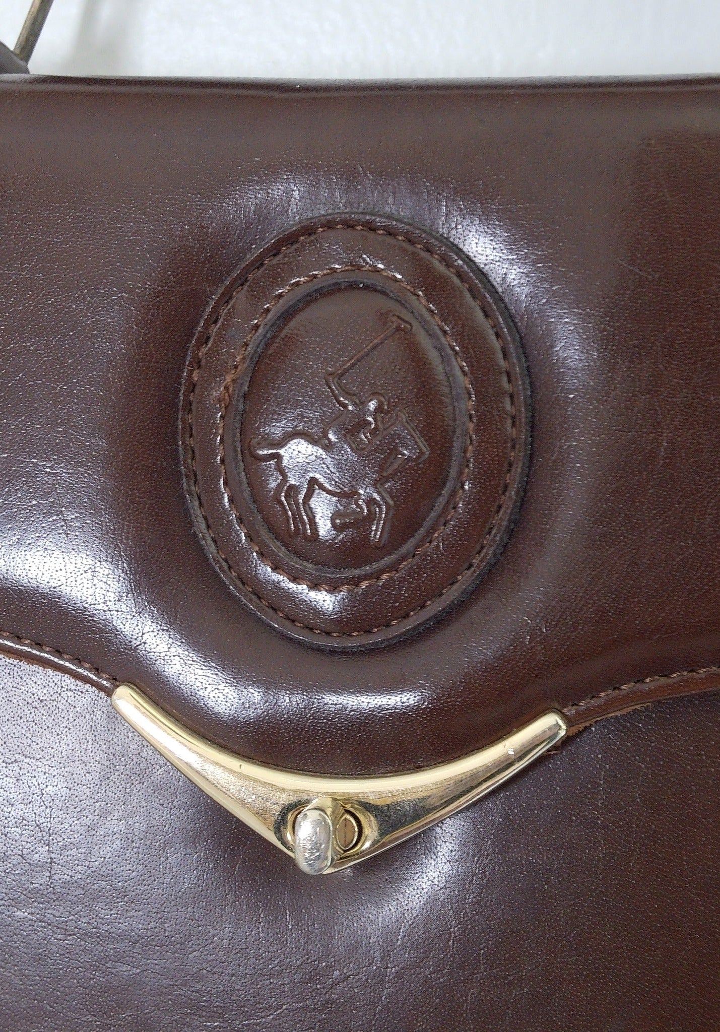 Pre Owned Polo Ralph Lauren Brown Leather Top Handle Bag | Polo Player Embossed Medallion | Gold Arc Clasp