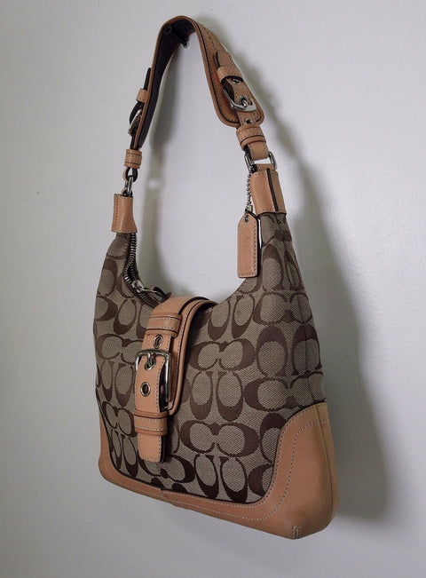 Pre Owned Coach Hamptons Hobo Bag | Khaki Signature Jacquard & Camel Leather (Y2K Vintage)