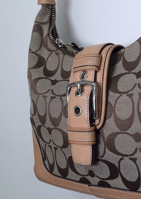 Pre Owned Coach Hamptons Hobo Bag | Khaki Signature Jacquard & Camel Leather (Y2K Vintage)