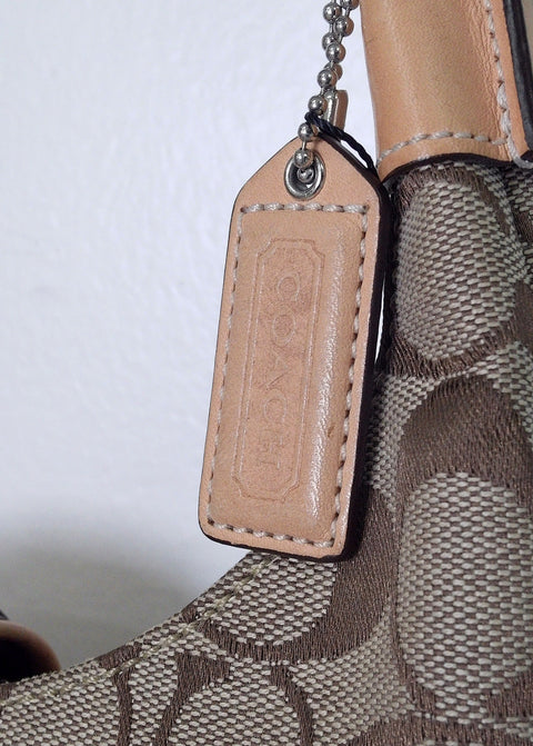 Pre Owned Coach Hamptons Hobo Bag | Khaki Signature Jacquard & Camel Leather (Y2K Vintage)