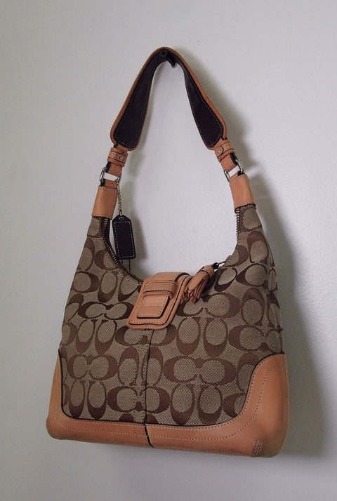 Pre Owned Coach Hamptons Hobo Bag | Khaki Signature Jacquard & Camel Leather (Y2K Vintage)