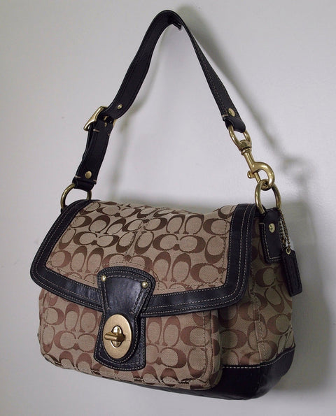 Pre Owned Coach Soho Flap Shoulder Bag | Khaki Brown Signature C Canvas | Dark Brown Leather Trim (Vintage Y2K)