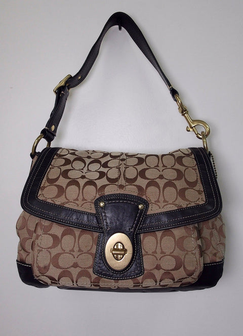 Pre Owned Coach Soho Flap Shoulder Bag | Khaki Brown Signature C Canvas | Dark Brown Leather Trim (Vintage Y2K)