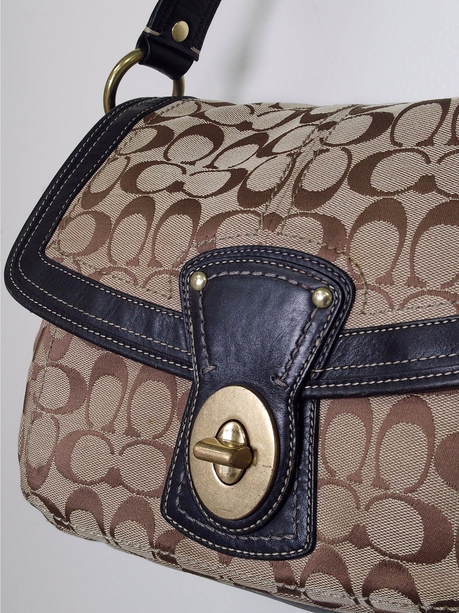 Pre Owned Coach Soho Flap Shoulder Bag | Khaki Brown Signature C Canvas | Dark Brown Leather Trim (Vintage Y2K)