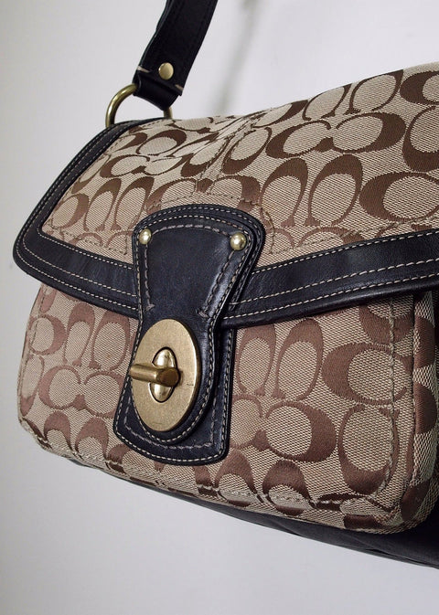 Pre Owned Coach Soho Flap Shoulder Bag | Khaki Brown Signature C Canvas | Dark Brown Leather Trim (Vintage Y2K)