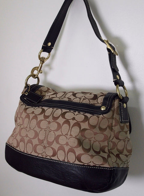 Pre Owned Coach Soho Flap Shoulder Bag | Khaki Brown Signature C Canvas | Dark Brown Leather Trim (Vintage Y2K)