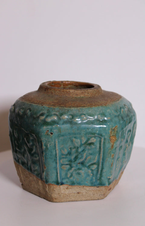 Vintage Chinese Aquamarine A Ginger Jar | Hexagonal Earthenware Vessel