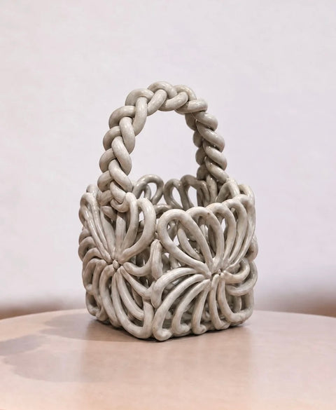 White Openwork Ceramic Basket with Twisted Handle